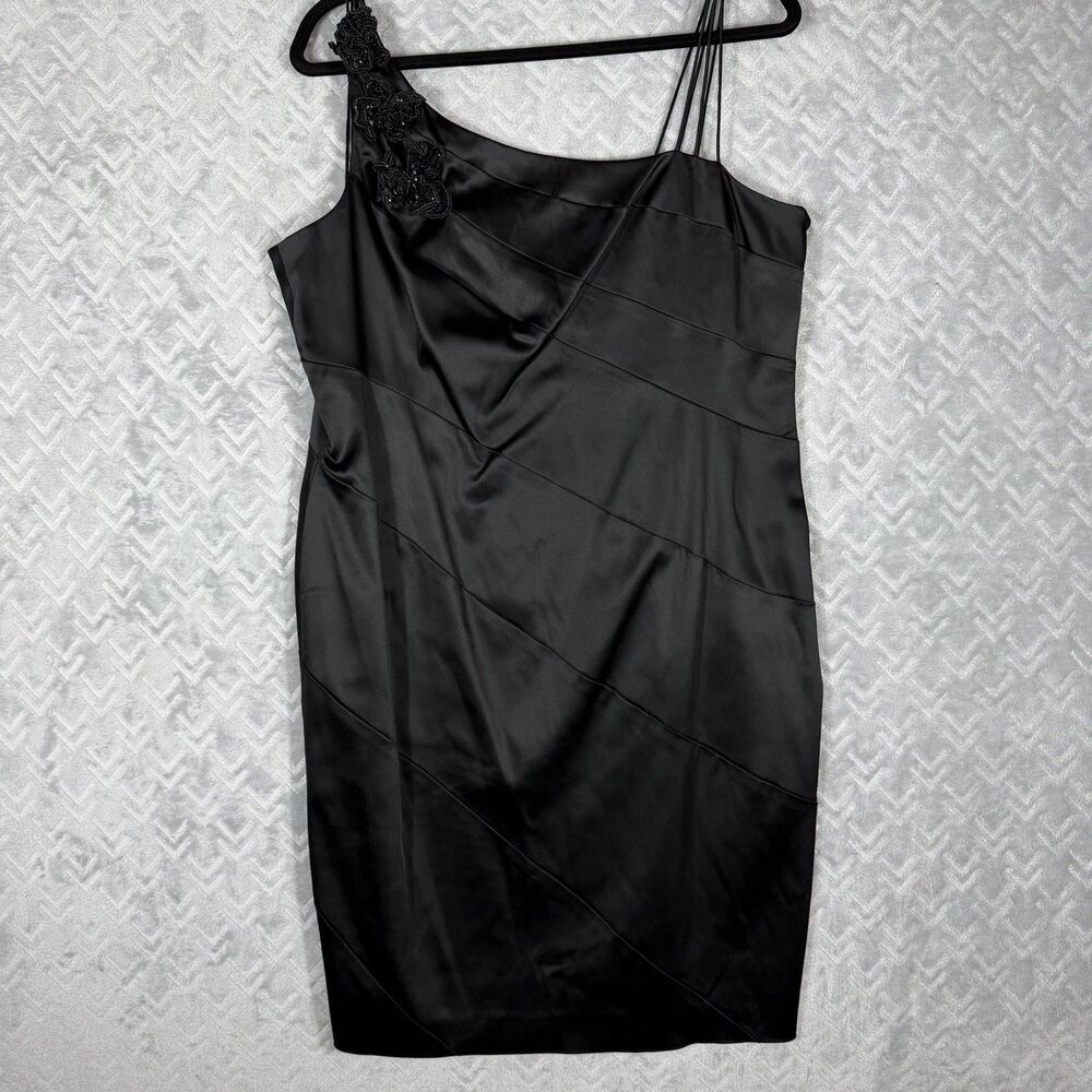 Jones New York One Shoulder Cocktail Dress‎ Size 16 Beaded Satin Sheath Formal